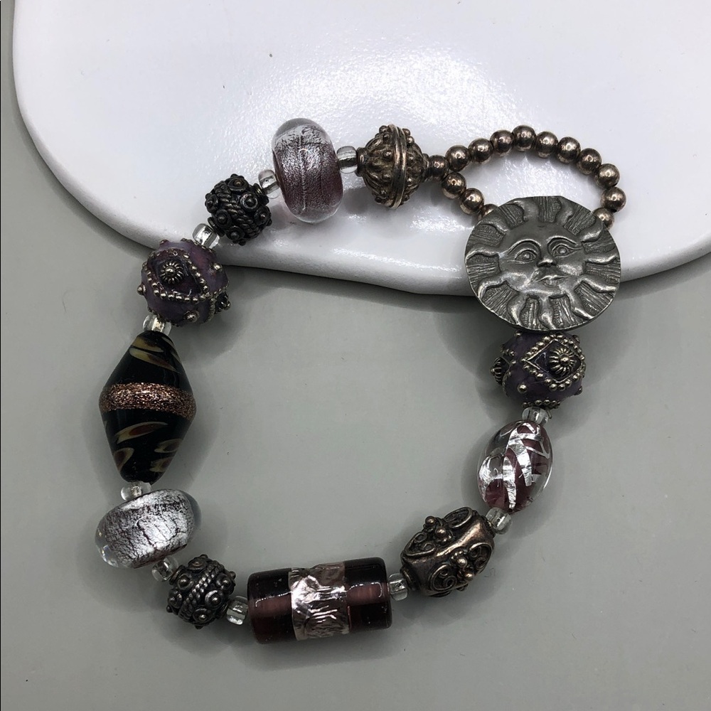 Murano, foil art glass bead, pewter sun clasp bracelet, boho 90's artisan UNISEX